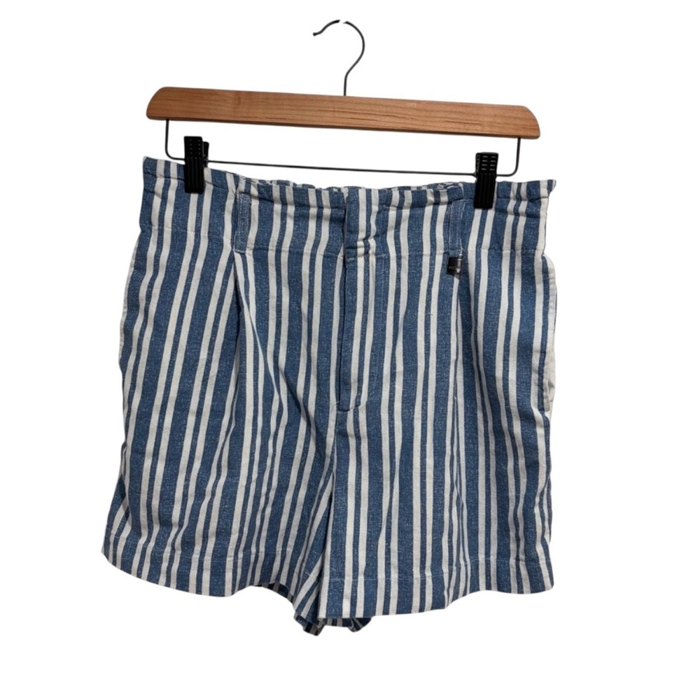 Mexx Blue and White Striped High-Waisted Pleated Shorts Elastic Waist